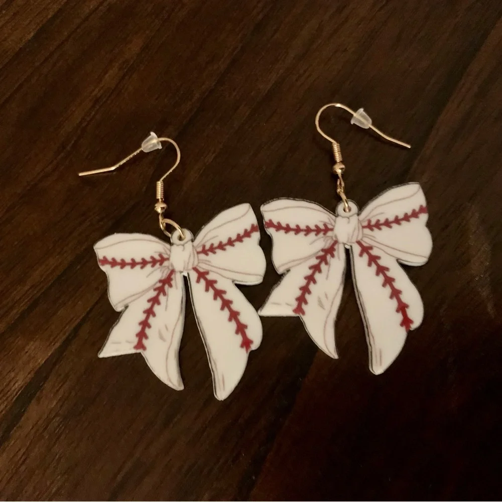 White Bow Baseball Stitch Drop Earrings by - Picture 4 of 5